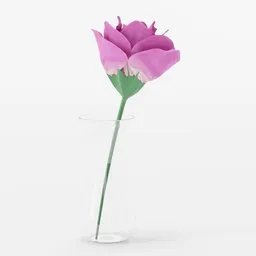 Detailed 3D model of a pink rose with leaves and stem in a clear vase, ideal for Blender renderings.