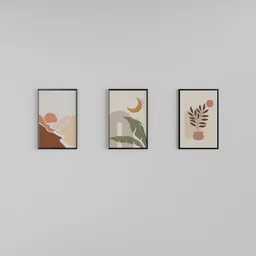 Set of three minimalist 3D-rendered photo frames with abstract boho art for interior scenes, compatible with Blender.