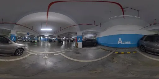 Indoor parking lot HDR image with dynamic lighting, ideal for realistic scene illumination and 3D renders.