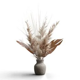 "Geometrically rendered Pampas grass bouquet in a vase on a white surface, created in Blender 3D. Realistic textures and details featuring phragmites, red grass, and willows. Perfect for 3D marketplace and retail design projects."