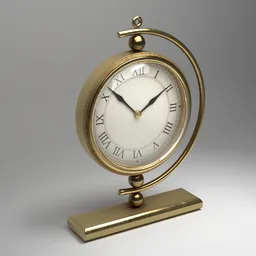 Detailed 3D model of a vintage gold table clock with roman numerals, ideal for Blender rendering and shelf decor.