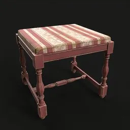 3D Blender model of a vintage wooden stool with striped cushion, optimized for game development.
