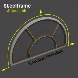 3D model of an adjustable steel-frame semi-circular window with Boolean cutter for Blender.