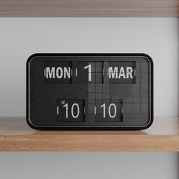 "Get your hands on this stylish minimalistic clock in stunning black and white design, perfect for any interior. Created with Blender 3D software, it features a date and time display, a Monday calendar, a sleek book case and depth blur for added effect."