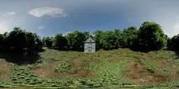 Old wooden house in lush green field with dense trees under blue sky with clouds, Forrest with House Day 16K HDR.