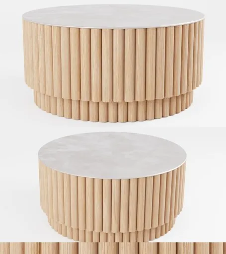 Rendered Blender 3D coffee table with cylindrical wooden base and marble top for interior design visualization.