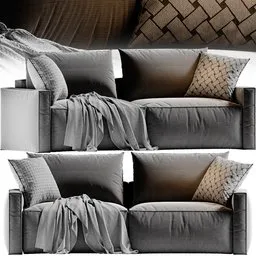 "Gray modern sofa with pillows and blanket, 3D model for Blender 3D. Detailed body shape in unique styles and muted colors, perfect for interior design."