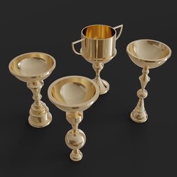 "Highly detailed photorealistic Trophy Set 3D model for Blender 3D. Includes silver cups, golden miniatures, and brass plates on carrara marble. Meticulously crafted tillable textures ensure intricate details for use in games, architecture and other applications."