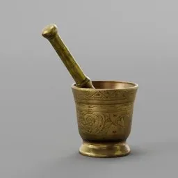 Brass mortar with pestle 3D model featuring intricate handmade engravings, optimized for Blender rendering.