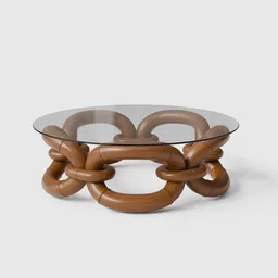 3D-rendered glass-top sofa table with interlocking bamboo bracelet design, modeled in Blender.