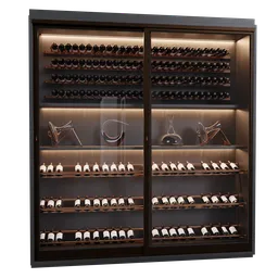 "Rendered in Lumion Pro, this 3D model of a wine cabinet is perfect for restaurant and bar scenes in Blender 3D. Displaying many bottles of wine in a glass case, it features a sleek and dark design with sunken recessed indented spots. "
OR 
"Add authenticity to your Blender 3D bar or restaurant scene with this wine cabinet 3D model. With multiple wine bottles displayed in a glass case and a sleek, manly design, it has been rendered in Lumion Pro for high-quality visual appeal."