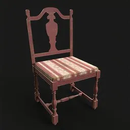Detailed 3D model of a vintage wooden chair with textured fabric seat for Blender rendering and game asset design.