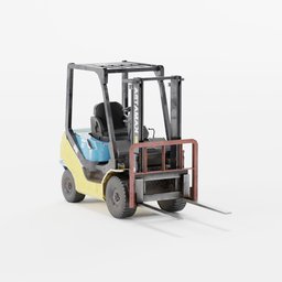 Detailed 3D model of a yellow and blue forklift with realistic textures and operational forks, suitable for Blender rendering.