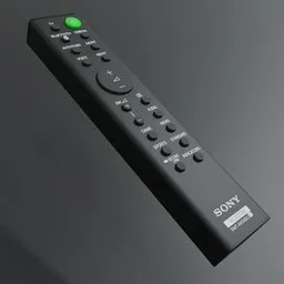 Highly detailed 3D model of a black SONY remote control for sound systems, viewed at an angle on a grey surface.