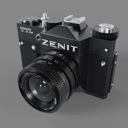 "Photorealistic Zenit-inspired antique camera with attached lens, modeled in Blender 3D. High-quality rendering with tilt-shift and tintal effects, showcasing intricate details of the black design. Perfect for 3D modeling enthusiasts and photography enthusiasts alike."