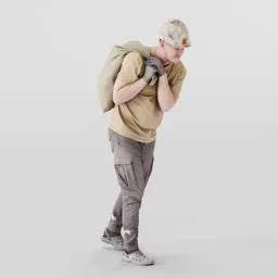 Worker Carries a Bag on His Shoulder