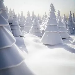 Stylized 3D model of a snowy fir forest scene, ideal for creative outdoor renderings in Blender.