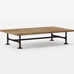 Detailed 3D model of a rectangular wooden coffee table with industrial-style metal legs, suitable for Blender rendering.