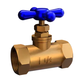 Highly detailed Blender 3D model of a brass valve with a blue handle, suitable for realistic interior rendering.