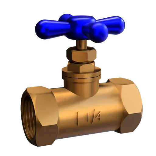 Highly detailed Blender 3D model of a brass valve with a blue handle, suitable for realistic interior rendering.