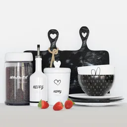 "Kitchen set final featuring a tableware set for Blender 3D, including two bowls, a bottle, and a plate on a black and white table with heart design. Inspired by Hendrik Willem Mesdag, this eco-friendly themed model by Marten Post is ideal for coffee-themed projects. Aesthetic decorative panels and trendy typography enhance its visual appeal."