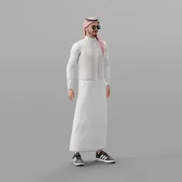 3D Blender model of a rigged figure in traditional Saudi attire with expressive facial features.