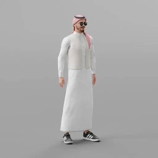 3D Blender model of a rigged figure in traditional Saudi attire with expressive facial features.