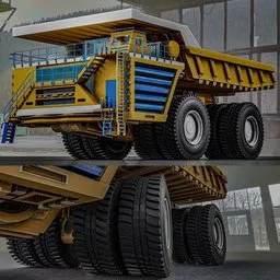 "BelAZ 75710, the biggest truck in the world, fully rigged 3D model for Blender 3D. Highly detailed digital artwork with a yellow dump truck and blue cab, front and side views, and white machinery. Use arrow controls to open the truck-loader. Follow creator on Instagram at graphic.xcx."