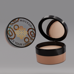 "Close-up of a round-lidded loose powder foundation 3D model in orange and white color scheme. The Blender 3D model features rounded lines and is ideal for game design or product visualizations."
