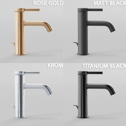 "Four stylish washbasin taps in matte black, titanium, chromium, and rose gold 3D modeled in Blender with 4K textures. Perfect for modern and contemporary bathroom designs. Download and enhance your Blender 3D project with these stunning tap models."