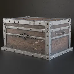 Detailed 3D model of an old wooden chest with metallic accents, suitable for game and VR environments.