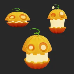Animated 3D pumpkin model with glowing eyes, rigged for Blender, ideal for Halloween-themed digital art.