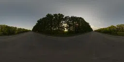 Twilight rural road HDR panorama for realistic 3D scene lighting with trees and sky
