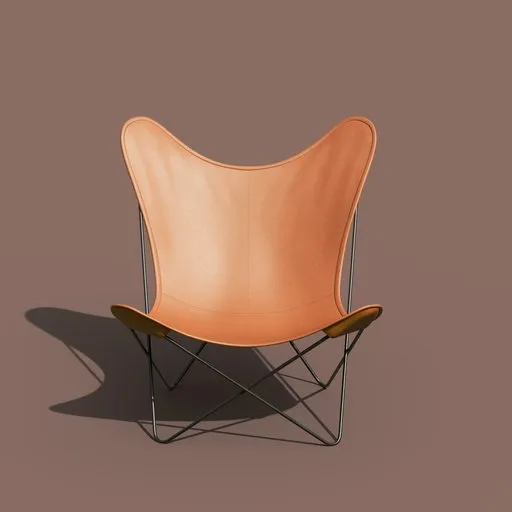 3D rendered model of a tan leather Butterfly chair with a black metal frame, created in Blender 3D.