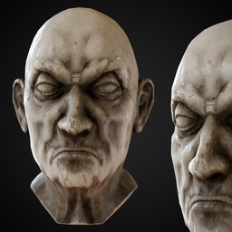 "Stone sculpture of an old man with bald head and wrinkled face, featuring anger and decay texture. Inspired by Eddie Mendoza and popular on Sketchfab. 3D model for Blender 3D software."