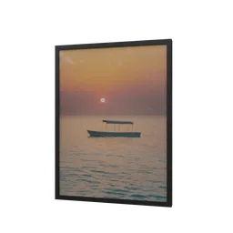 Detailed 3D model of a lone boat on calm water against a sunset, suitable for Blender renderings.