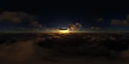 Vivid aerial HDR panorama of clouds illuminated by sunset, suitable for realistic 3D scene lighting.