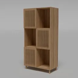 Oak-textured 3D bookcase model with vertical battens and shadowplay, designed for Blender rendering.