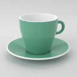 Detailed 3D render of a mint green coffee cup with saucer, Blender-compatible model.