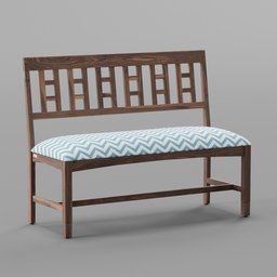 "Indoor wooden bench with blue and white fabric cushion, made with Blender 3D. Unique design featuring symmetric patterns and beveled edges. Perfect for interior design projects."