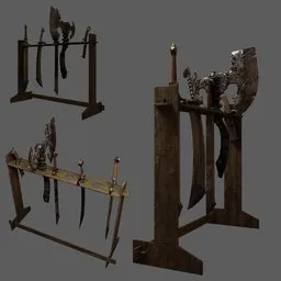 Detailed Blender 3D model showcasing racks with medieval weapons and shields.