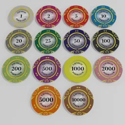 Detailed 3D render of assorted Las Vegas Poker Club chips in various colors and denominations for Blender artists.