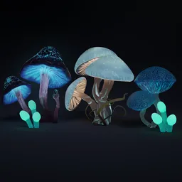 Realistic 3D mushroom models with glowing textures, suitable for fantasy scenes in Blender.