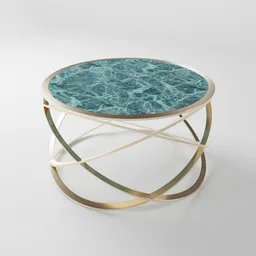 Round 3D model of a modern coffee table with marble texture and golden frame for Blender rendering.