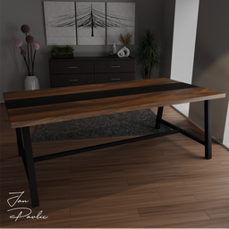 Rustic wooden kitchen table with a sleek black metal accent for a modern touch, designed in Blender 3D.