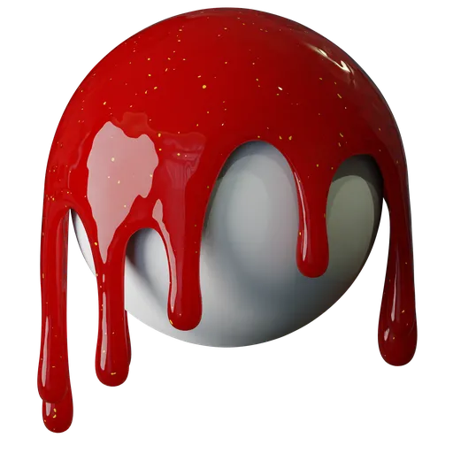 Realistic glossy strawberry jam 3D material with seed speckles for PBR texturing in Blender.