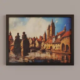 "Medieval village painting in 3D model format for Blender 3D software. Hand-crafted with detailed church and river scenery, inspired by Albrecht Altdorfer and Frits Thaulow, with a size of 40x30cm for high-resolution print. Get your own masterpiece of a couple in a boat with this UE marketplace product, inspired by Adam Marczyński."