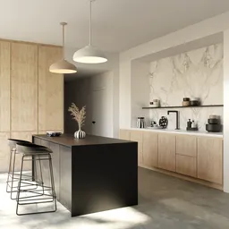 Rendered 3D Blender kitchen scene with Cycles, realistic materials and lighting, ready-to-use models with accurate dimensions.