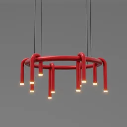 3D-rendered modern dark red U-shaped pendant with illuminated LED tips for interior design in Blender.