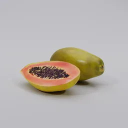 Realistic Blender 3D model of whole and half papaya with detailed texture and seeds.